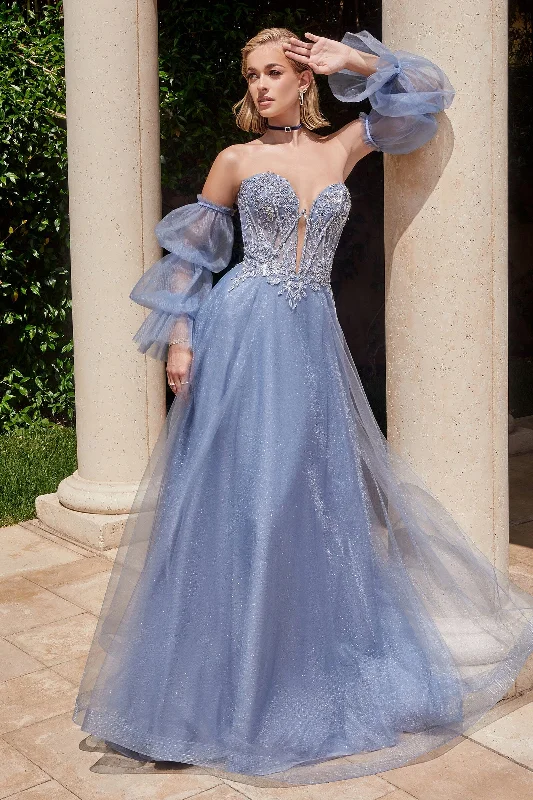 cocktail dresses with mesh necklines for modern appeal --Beaded Strapless Puff Sleeve Tulle Gown by Ladivine CD830