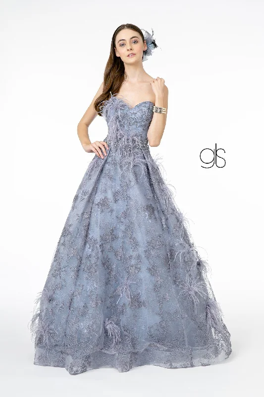 How to choose wedding guest dresses based on the venue -Feather Embellished Strapless Ball Gown by Elizabeth K GL1834