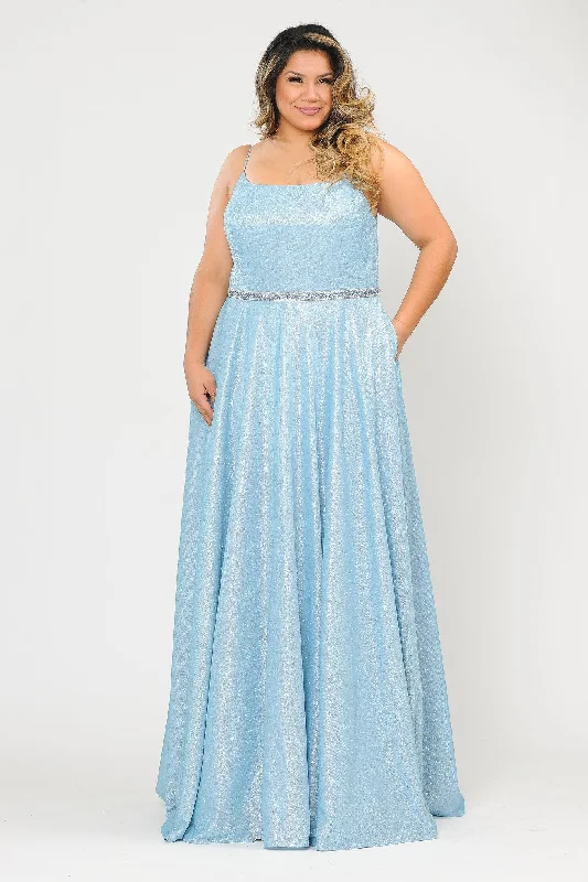Wedding guest dresses for evening parties with friends -Plus Size Long Square Neck Glitter Dress by Poly USA W1038