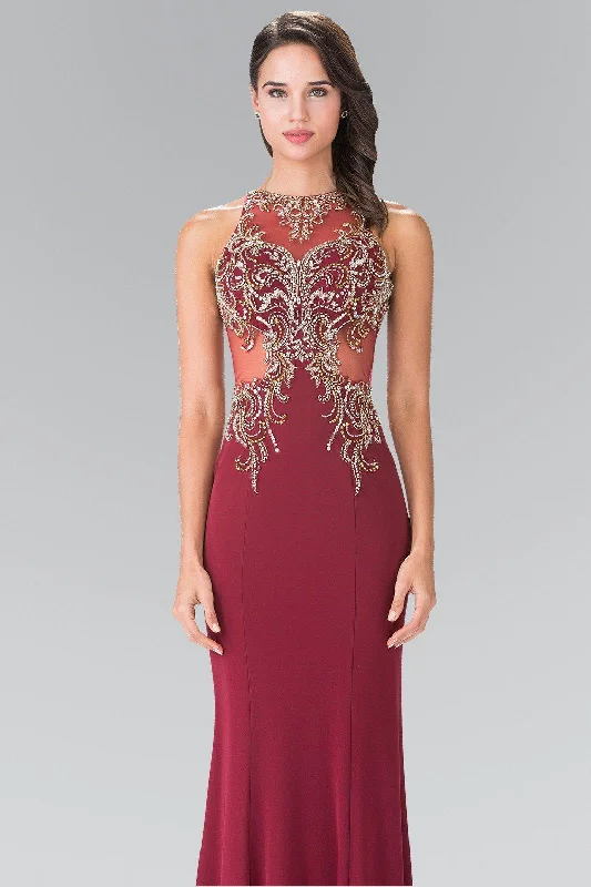 cocktail dresses with flared skirts for playful vibe --Long Sleeveless Beaded Illusion Dress by Elizabeth K GL2325