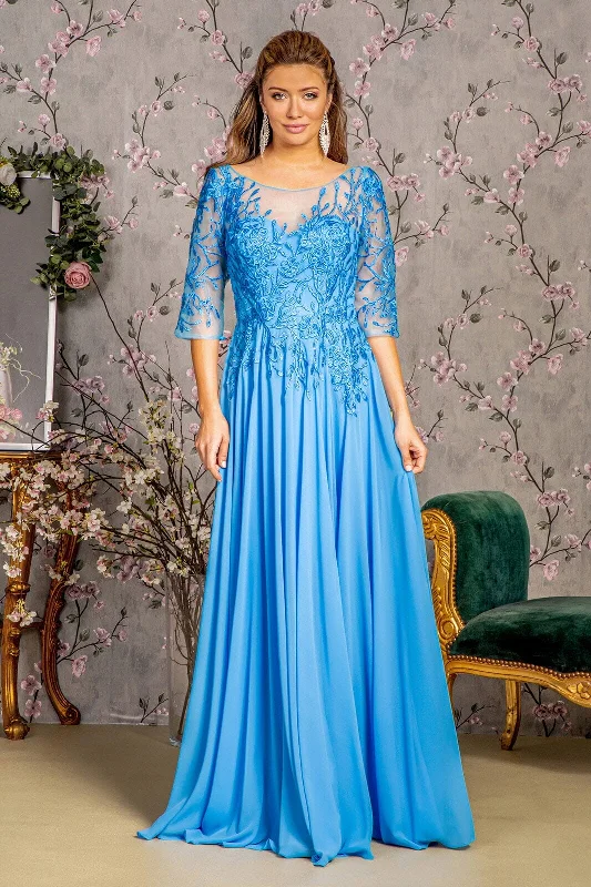 Trendy wrap dresses for wedding guests in warmer weather -Bead Embroidered 3/4 Sleeve A-line Gown by GLS Gloria GL3445