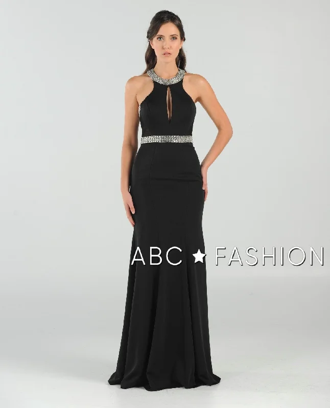 formal dresses for prom with sweetheart necklines --Long High-Neck Dress with Beaded Keyhole Bodice by Poly USA 8066