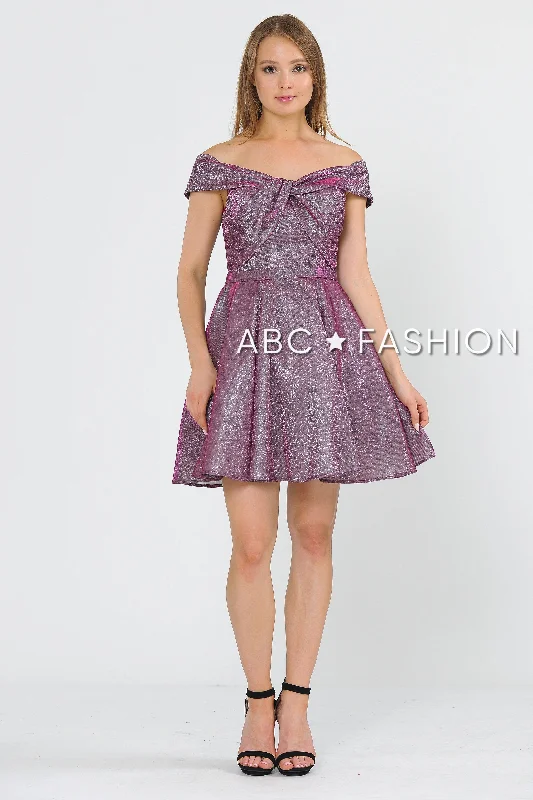 Dressy cocktail dresses for semi-formal events -Metallic Glitter Short Off the Shoulder Dress by Poly USA 8356