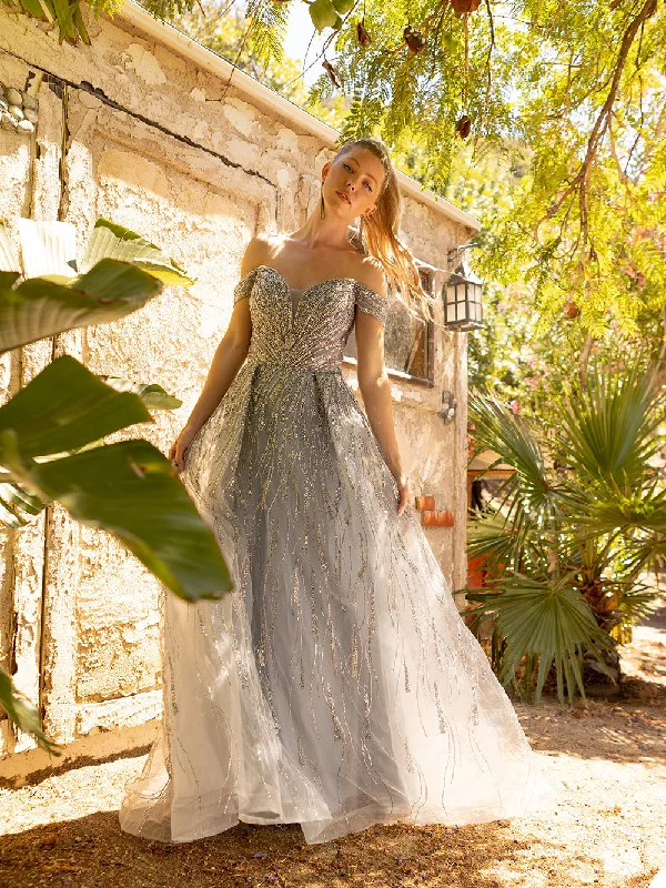cocktail dresses with sequin skirts for party nights --Beaded Off Shoulder A-line Gown by Lucci Lu C8044