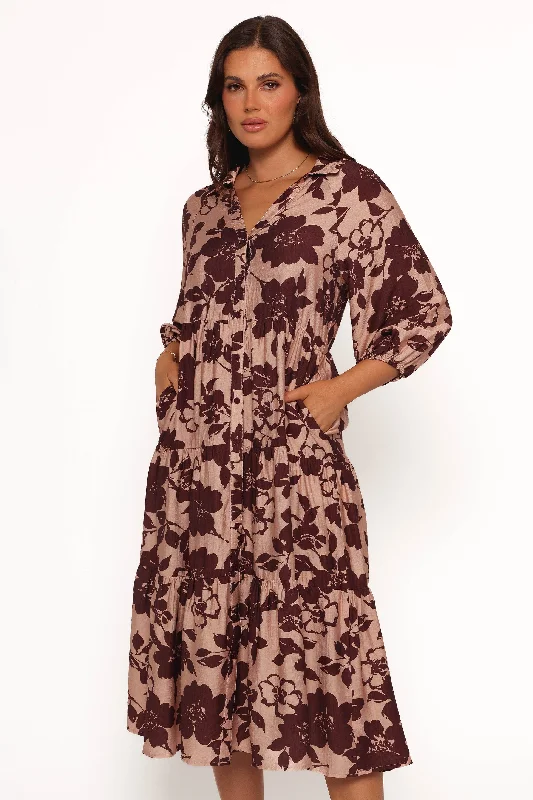 Spring dresses for outdoor weddings with breathable fabrics -Isaac Maxi Dress - Brown Floral