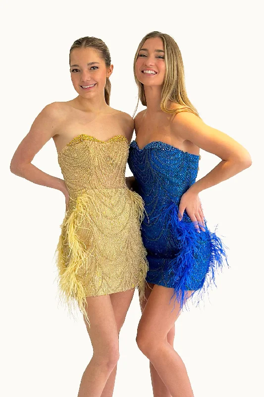 Graduation dresses with a wrap-around style for an elegant fit -Fitted Short Strapless Feather Dress by Lucci Lu 4217