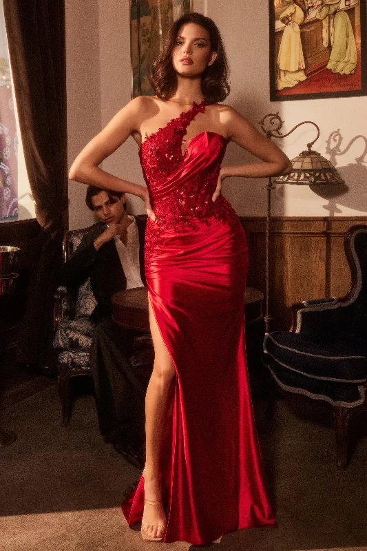 cocktail dresses with beaded straps for sparkle --Applique Satin One Shoulder Gown by Ladivine CDS535
