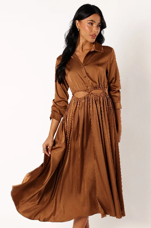 cocktail dresses with open shoulder designs for summer --Jett Long Sleeve Midi Dress - Bronze