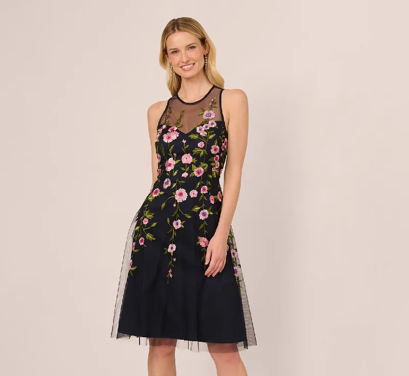 Sophisticated wedding guest dresses with a structured silhouette -Floral Embroidered Illusion Midi Dress In Midnight Multi