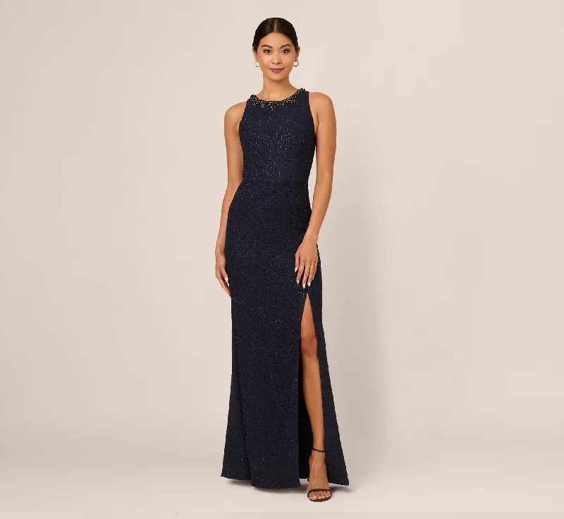 chiffon formal dresses for summer weddings outdoor --Glitter Boucle Stretch Gown In Navy