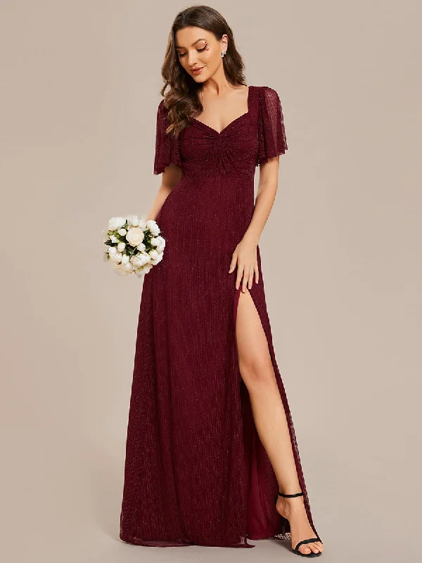 formal dresses for women with disabilities featuring magnetic closures --Shiny Maxi Long V-Neck Wholesale Evening Dresses With Short Sleeve