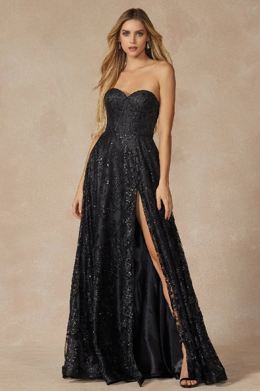 cocktail dresses with satin belts for waist definition --Glitter Print Long Strapless Slit Dress by Juliet 2403