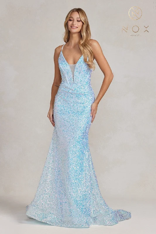 cocktail dresses with satin bows for elegant detail --Sequin Deep V-Neck Mermaid Gown by Nox Anabel C1094