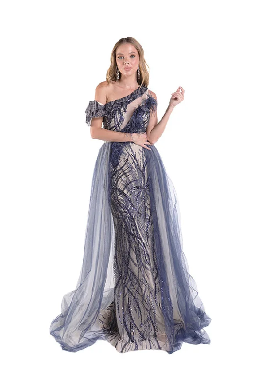 cocktail dresses with mesh sleeves for subtle coverage --Feather One Shoulder Overskirt Gown by Lucci Lu C8058