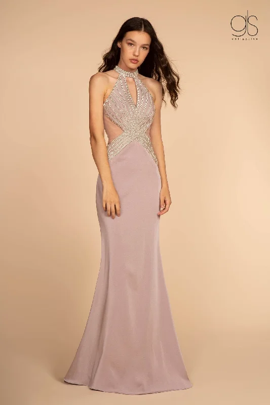 cocktail dresses with wrap fronts for flattering fit --Embellished High Halter Trumpet Dress by Elizabeth K GL2573
