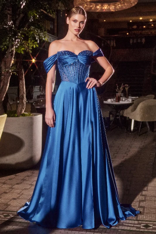 cocktail dresses with wrap fronts for flattering fit --Satin Off Shoulder A-line Slit Gown by Ladivine CD297