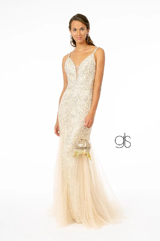 Wedding guest dresses with vintage flair for a throwback vibe -Beaded Long Deep V-Neck Mermaid Dress by Elizabeth K GL1842