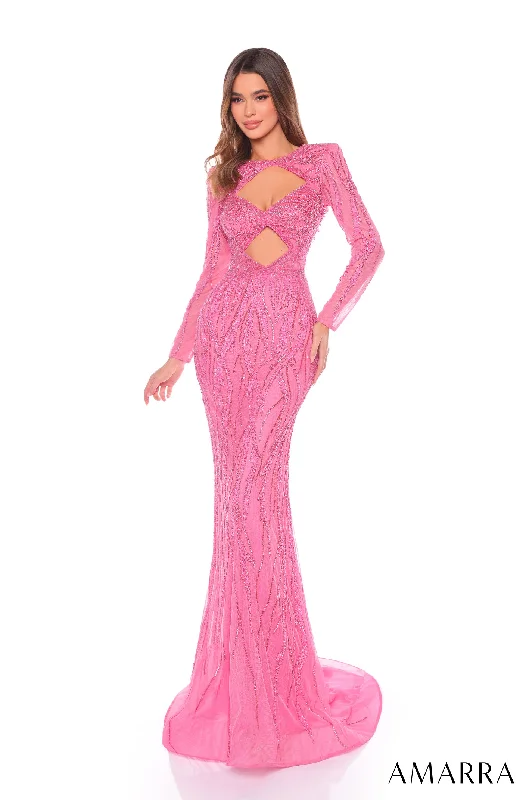 cocktail dresses with ruched sides for slimming effect --Long Sleeve Cutout Mermaid Dress by Amarra 88093