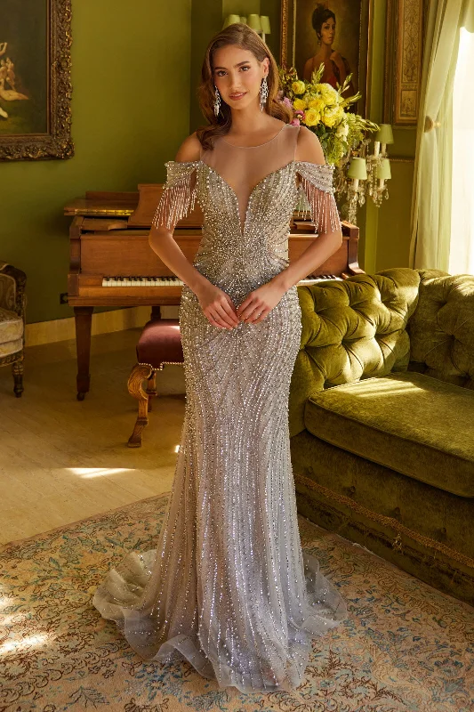 cocktail dresses with mesh necklines for modern appeal --Off Shoulder Fringe Gown by GLS Gloria GL3593