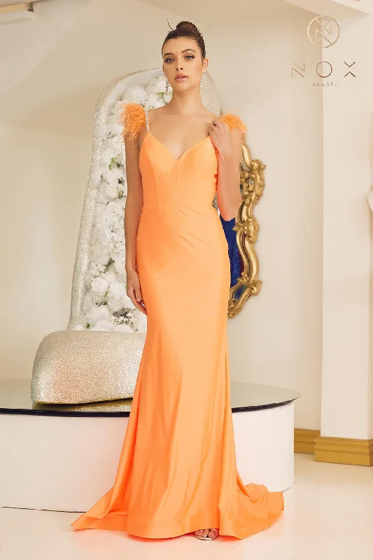 cocktail dresses with lace sleeves for modesty --Fitted Sleeveless Feather Gown by Nox Anabel T1138