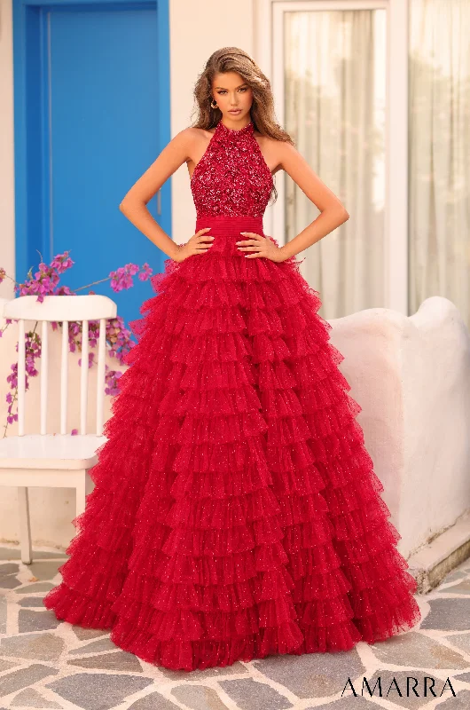 cocktail dresses with ruched sides for slimming effect --Beaded Halter A-line Ruffled Gown by Amarra 88102