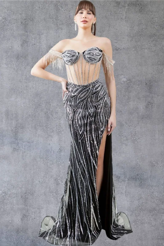 cocktail dresses with cutout backs for bold style --Off Shoulder Fringe Gown by Cinderella Couture 8147J