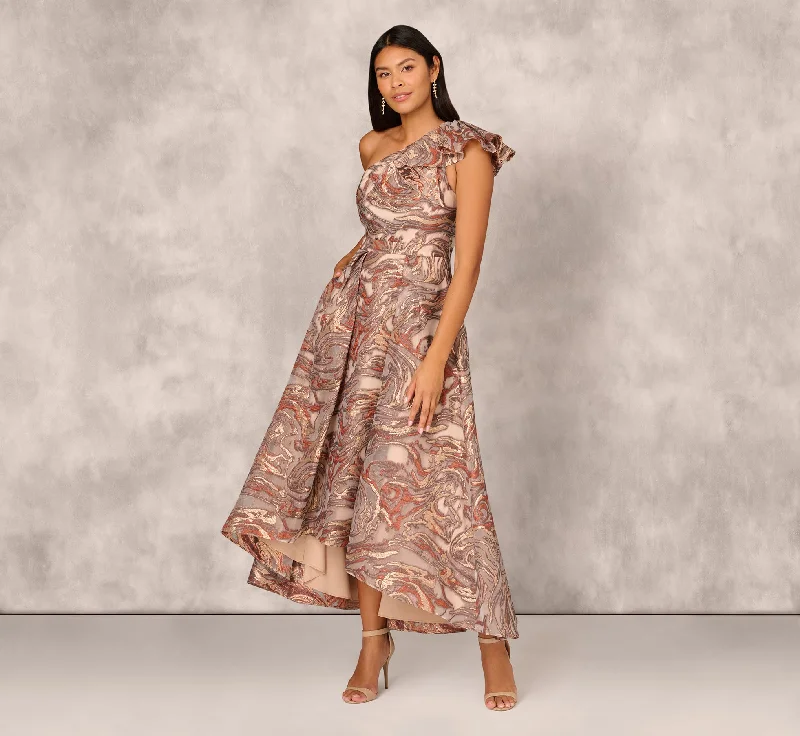 Best wedding guest dresses for chic and modern events -Clipped Jacquard High Low Gown With Ruffle One Shoulder Neck In Rust Multi