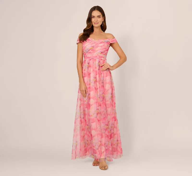 formal dresses with built-in shapewear for smooth figure --Off Shoulder Watercolor Print Tulle Gown In Pink Multi