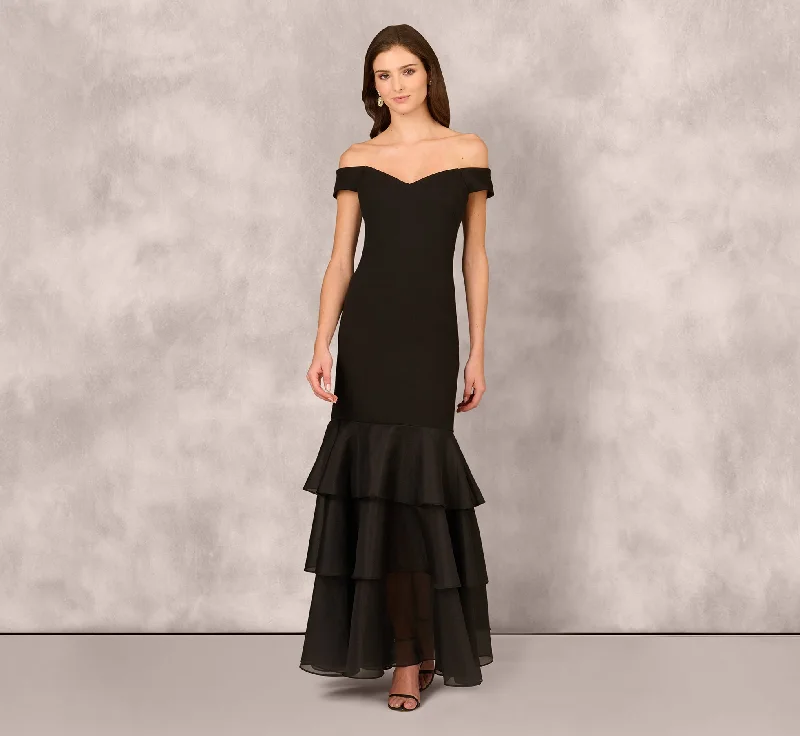 formal dresses with built-in bras for added support --Off Shoulder Organza Flounce Mermaid Gown In Black