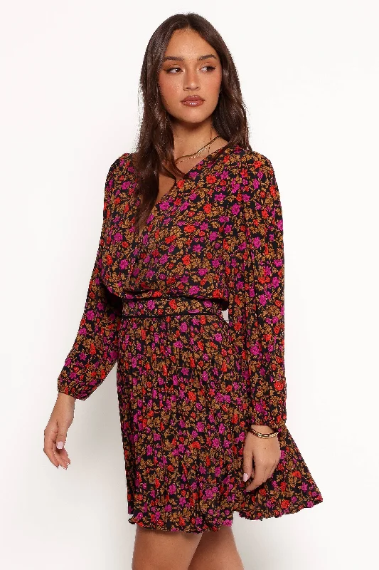 Trendy party dresses with bold prints -Zephyr Long Sleeve Mini Dress - Black Magenta