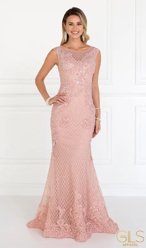 Chic cocktail dresses for wedding guest attire -Floral Embroidered Mermaid Gown by Elizabeth K GL1536