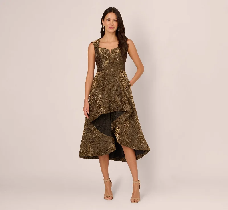 Trendy wedding guest dresses with pleated skirts for a polished look -Textured Jacquard High Low Dress With Notched Neck In Metallic Gold