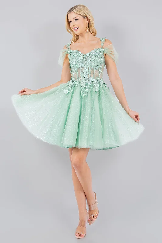 Elegant off-the-shoulder dresses for cocktail parties -3D Floral Short Cold Shoulder Dress by Cinderella Couture 5134J