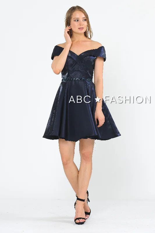Graduation dresses with an elegant belt for added flair -Metallic Short Off the Shoulder Dress by Poly USA 8238