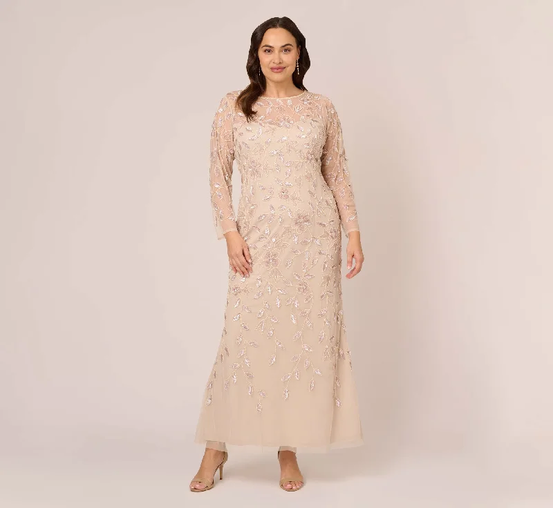 formal dresses with floral embroidery for spring occasions --Plus Size Illusion Floral Beaded Gown With Sheer Long Sleeves In Latte