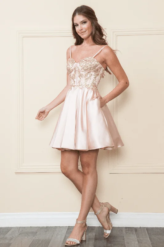 Sleek black party dresses for formal gatherings -Embroidered Short A-line Corset Dress by Poly USA 9084