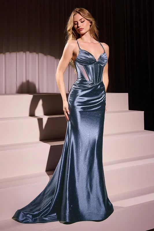 formal dresses with sequined bodices for sparkle --Glitter Satin Fitted Sleeveless Gown by Ladivine CC2397