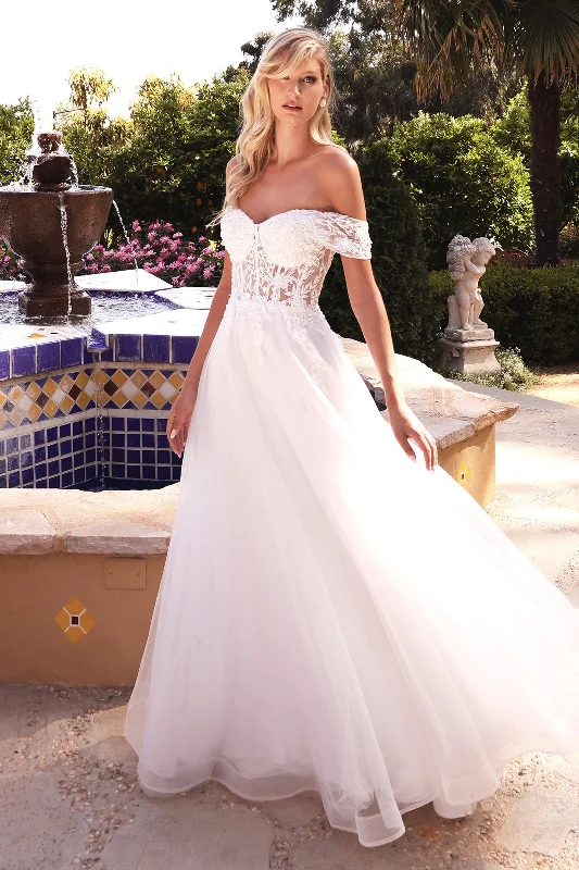 High-neck wedding guest dresses for conservative events -Off Shoulder Bridal Gown by Cinderella Divine CD961W