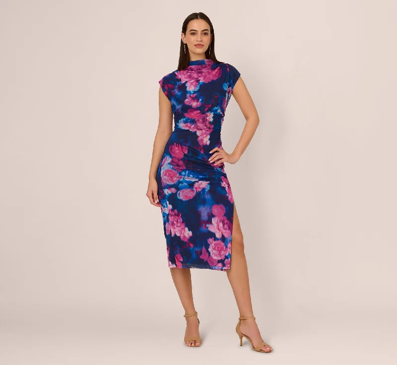 Spring dresses with open-back designs for a daring look -Sleeveless Floral Mesh Draped Midi Dress In Navy Pink Multi
