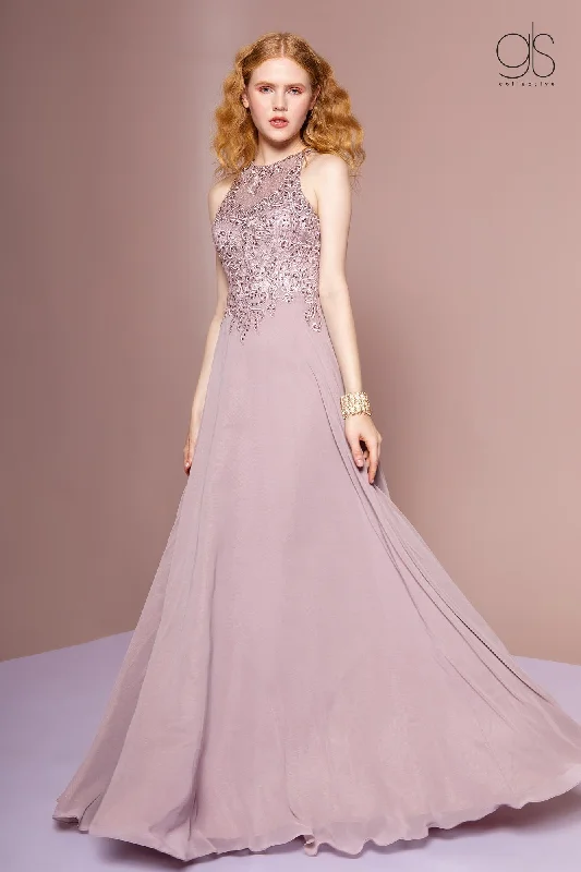 Beautiful silk wedding guest dresses for evening events -Long Embroidered A-line Dress by Elizabeth K GL2680