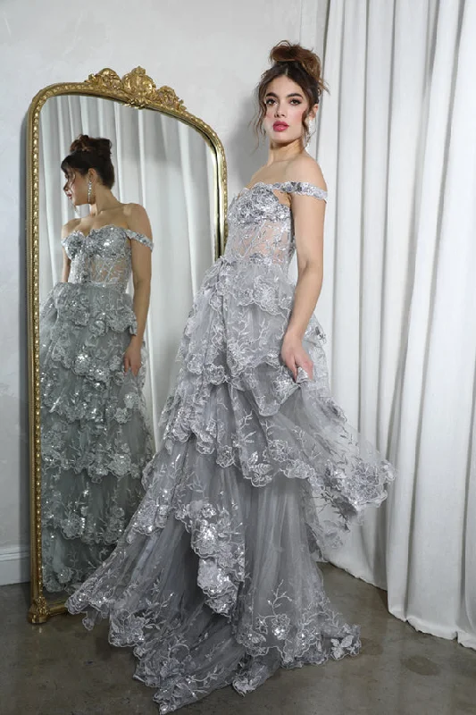 formal dresses with floral prints for garden weddings --Off Shoulder A-line Tiered Gown by Eureka EK102