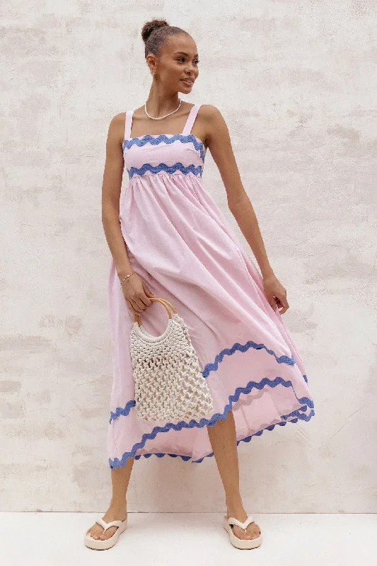 Pretty pastel dresses for springtime parties -Fitzgerald Maxi Dress - Pink/Blue Trim