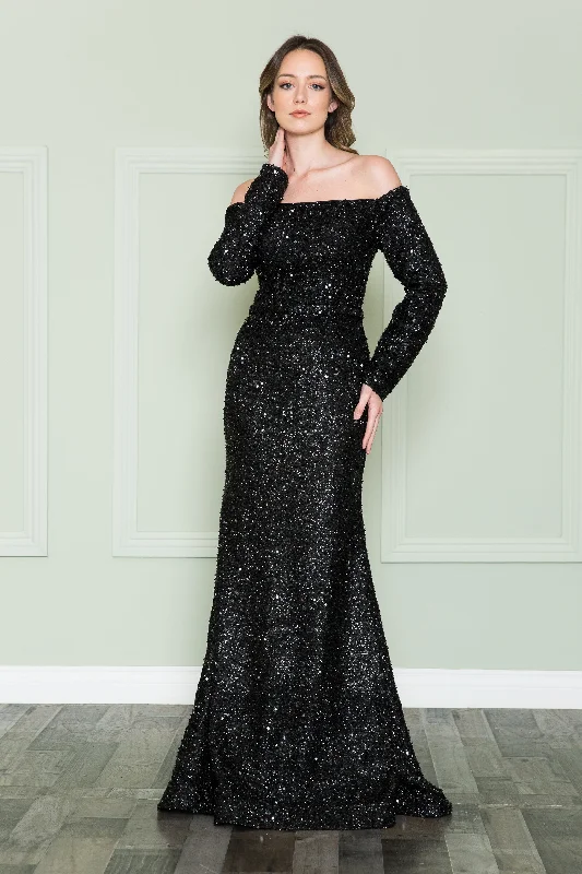 Wedding guest dresses that work well with metallic accessories -Long Off Shoulder Sequin Dress by Poly USA 8876