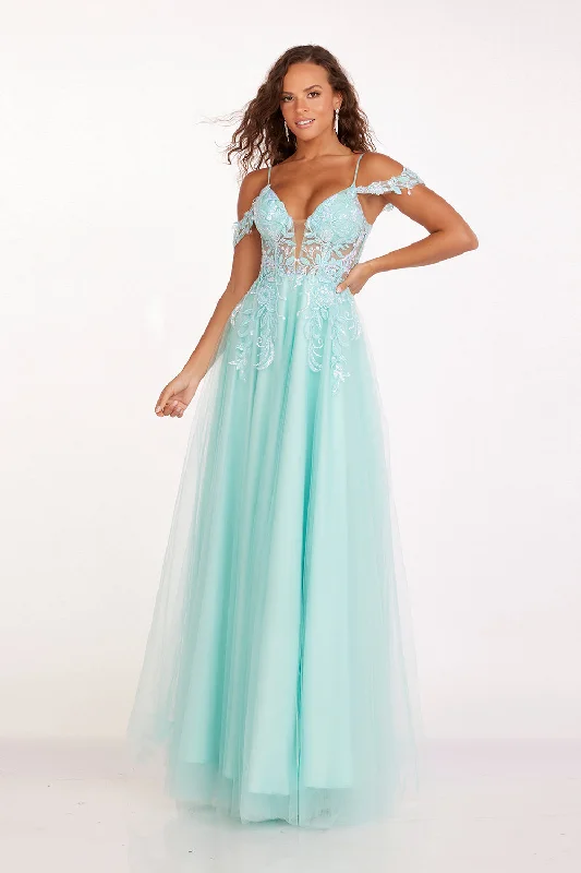 cocktail dresses with embroidered sleeves for elegance --Applique Cold Shoulder Gown by Abby Paris 90242