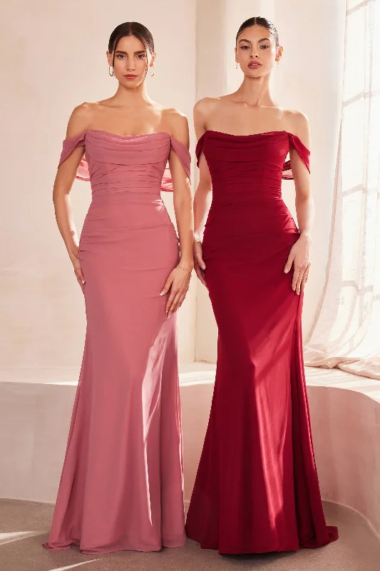 bridesmaid dresses with lace sleeves for classic charm --Chiffon Fitted Off Shoulder Gown by Ladivine T705
