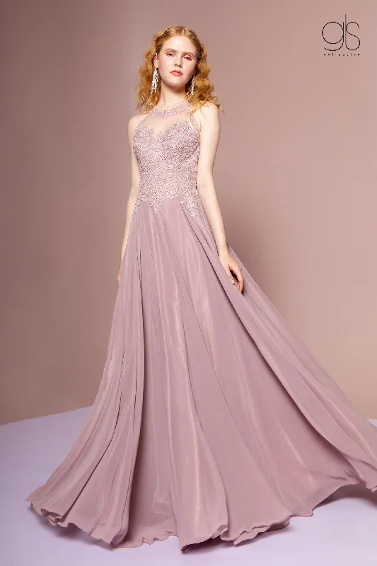 bridesmaid dresses with floral prints for garden parties --Long High Neck Dress with Sheer Applique Top by Elizabeth K GL2690