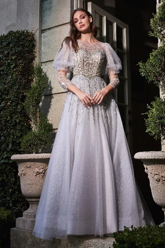 Wedding guest dresses for casual yet chic evening affairs -Beaded 3/4 Sleeve Tulle Gown by Cinderella Divine B707