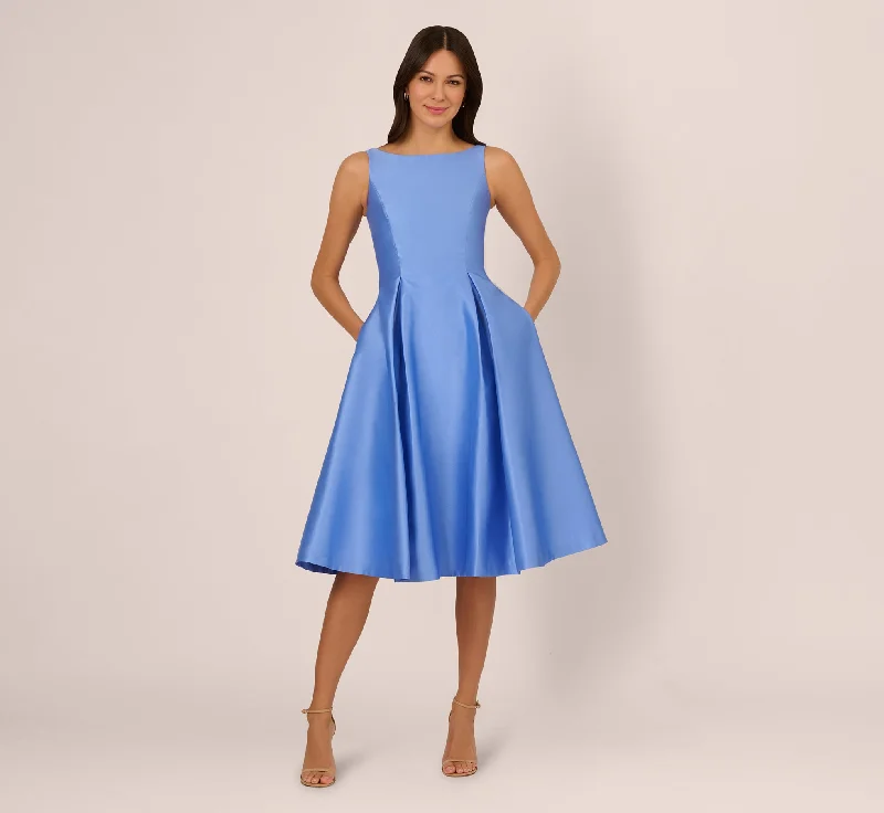 Wedding guest dresses with flowing fabrics for maximum comfort -Sleeveless Mikado Fit And Flare Midi Dress With V-Back In Electric Ice