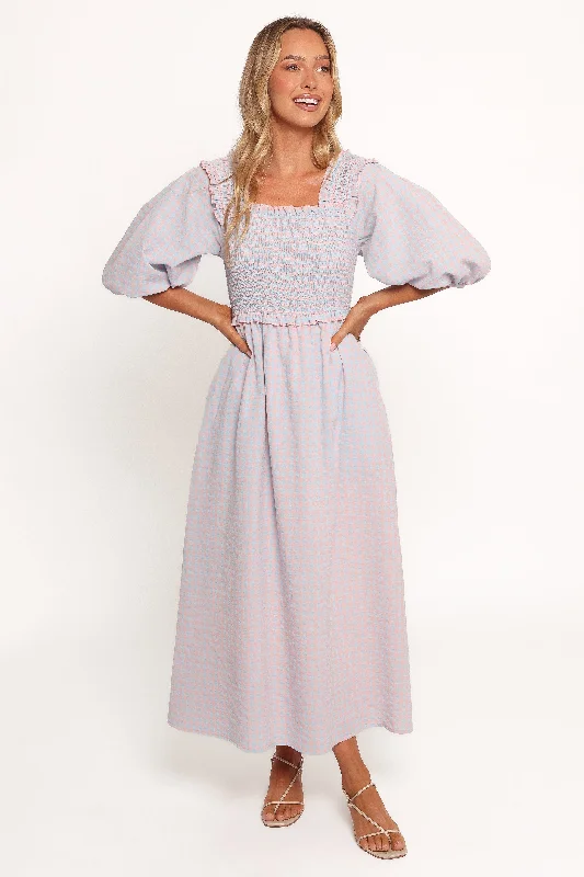 Elegant spring dresses for an outdoor evening event -Lille Midi Dress - Blue Gingham