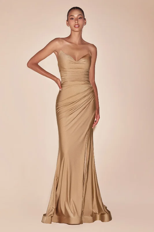 bridesmaid dresses with chiffon overlays for soft texture --Satin Fitted Strapless Slit Gown by Ladivine CD791